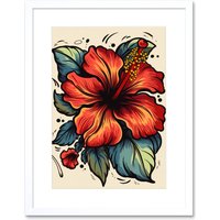 Artery8 Wall Art Print Red Hibiscus Old School USA Tattoo Ink Body Art Rockabilly Americana 50s Artwork Framed 9X7 Inch in White | Size: W7" x H9"