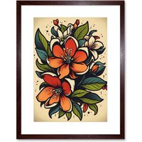 Artery8 Wall Art Print Red Jasmine Flower Old School USA Tattoo Ink Body Rockabilly Americana 50s Artwork Framed 9X7 Inch in Brown | Size: W7" x H9"