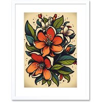 Artery8 Wall Art Print Red Jasmine Flower Old School USA Tattoo Ink Body Rockabilly Americana 50s Artwork Framed 9X7 Inch in White | Size: W7" x H9"
