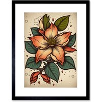 Artery8 Wall Art Print Red Jasmine Old School USA Tattoo Ink Body Art Rockabilly Americana 50s Artwork Framed 9X7 Inch in Black | Size: W7" x H9"