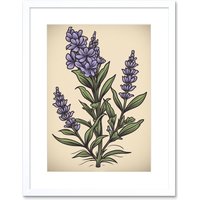 Artery8 Wall Art Print Lavender Plant Old School USA Tattoo Ink Body Art Rockabilly Americana 50s Artwork Framed 9X7 Inch in White | Size: W7" x H9"