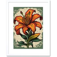 Artery8 Wall Art Print Old School USA Tattoo Ink Body Art Orange Lily Rockabilly Americana 50s Artwork Framed 9X7 Inch in White | Size: W7" x H9"