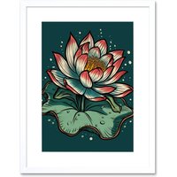 Artery8 Wall Art Print Lotus Flower Old School USA Tattoo Ink Body Art Rockabilly Americana 50s Artwork Framed 9X7 Inch in White | Size: W7" x H9"
