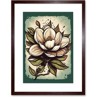 Artery8 Wall Art Print Old School Magnolia Flower USA Tattoo Ink Body Art Rockabilly Americana 50s Artwork Framed 9X7 Inch in Brown | Size: W7" x H9"
