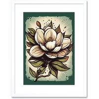 Artery8 Wall Art Print Old School Magnolia Flower USA Tattoo Ink Body Art Rockabilly Americana 50s Artwork Framed 9X7 Inch in White | Size: W7" x H9"