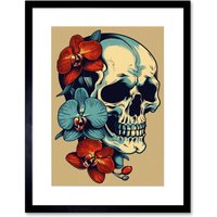 Artery8 Wall Art Print Skull Orchid Flower Blooms Tattoo Ink Body Art Rockabilly Americana 50s Artwork Framed 9X7 Inch in Black | Size: W7" x H9"