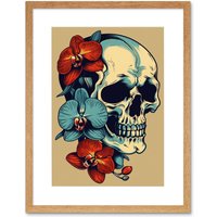 Artery8 Wall Art Print Skull Orchid Flower Blooms Tattoo Ink Body Art Rockabilly Americana 50s Artwork Framed 9X7 Inch in Beige | Size: W7" x H9"
