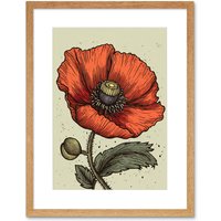 Artery8 Wall Art Print A Single Poppy Old School USA Tattoo Ink Body Art Rockabilly Americana 50s Artwork Framed 9X7 Inch in Beige | Size: W7" x H9"