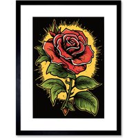 Artery8 Wall Art Print A Single Rose Old School USA Tattoo Ink Body Art Rockabilly Americana 50s Artwork Framed 9X7 Inch in Black | Size: W7" x H9"