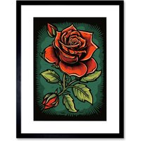 Artery8 Wall Art Print Old School USA Tattoo Ink Body Art Blooming Rose Rockabilly Americana 50s Artwork Framed 9X7 Inch in Black | Size: W7" x H9"