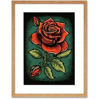 Artery8 Wall Art Print Old School USA Tattoo Ink Body Art Blooming Rose Rockabilly Americana 50s Artwork Framed 9X7 Inch in Beige | Size: W7" x H9"