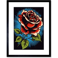 Artery8 Wall Art Print A Blooming Rose Old School USA Tattoo Ink Body Art Rockabilly Americana 50s Artwork Framed 9X7 Inch in Black | Size: W7" x H9"