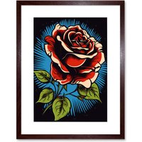 Artery8 Wall Art Print A Blooming Rose Old School USA Tattoo Ink Body Art Rockabilly Americana 50s Artwork Framed 9X7 Inch in Brown | Size: W7" x H9"