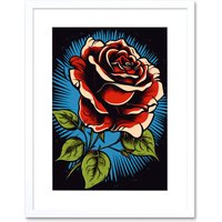 Artery8 Wall Art Print A Blooming Rose Old School USA Tattoo Ink Body Art Rockabilly Americana 50s Artwork Framed 9X7 Inch in White | Size: W7" x H9"