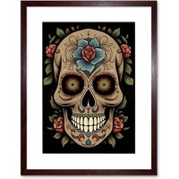 Artery8 Wall Art Print Old School USA Tattoo Ink Body Art Day Dead Skull Rockabilly Americana 50s Artwork Framed 9X7 Inch in Brown | Size: W7" x H9"