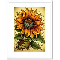 Artery8 Wall Art Print Sunflower Bloom Old School USA Tattoo Ink Body Art Rockabilly Americana 50s Artwork Framed 9X7 Inch in White | Size: W7" x H9"