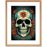 Artery8 Wall Art Print Old School USA Tattoo Ink Body Art Flowers Skull Rockabilly Americana 50s Artwork Framed 9X7 Inch in Beige | Size: W7" x H9"