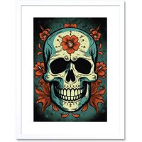 Artery8 Wall Art Print Old School USA Tattoo Ink Body Art Flowers Skull Rockabilly Americana 50s Artwork Framed 9X7 Inch in White | Size: W7" x H9"