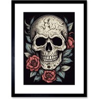 Artery8 Wall Art Print Roses Skull Old School USA Tattoo Ink Body Art Rockabilly Americana 50s Artwork Framed 9X7 Inch in Black | Size: W7" x H9"
