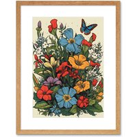 Artery8 Wall Art Print Wildflower Meadow Colourful Tattoo Ink Body Art Rockabilly Americana 50s Artwork Framed 9X7 Inch in Beige | Size: W7" x H9"