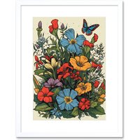 Artery8 Wall Art Print Wildflower Meadow Colourful Tattoo Ink Body Art Rockabilly Americana 50s Artwork Framed 9X7 Inch in White | Size: W7" x H9"