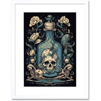 Artery8 Wall Art Print Skull Glass Jar & Flowers Tattoo Ink Body Art Rockabilly Americana 50s Artwork Framed 9X7 Inch in White | Size: W7" x H9"