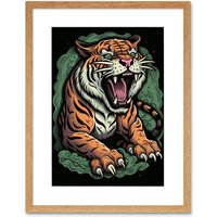 Artery8 Wall Art Print Old School USA Tattoo Ink Body Art Ferocious Tiger Rockabilly Americana 50s Artwork Framed 9X7 Inch in Beige | Size: W7" x H9"