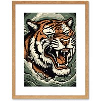 Artery8 Wall Art Print Roaring Tiger Sea Waves Tattoo Ink Body Art Rockabilly Americana 50s Artwork Framed 9X7 Inch in Beige | Size: W7" x H9"