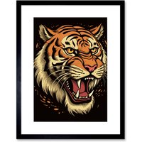 Artery8 Wall Art Print Old School USA Tattoo Ink Body Art Growling Tiger Rockabilly Americana 50s Artwork Framed 9X7 Inch in Black | Size: W7" x H9"