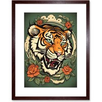 Artery8 Wall Art Print Floral Tiger Head Old School USA Tattoo Ink Body Rockabilly Americana 50s Artwork Framed 9X7 Inch in Brown | Size: W7" x H9"