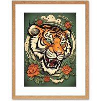 Artery8 Wall Art Print Floral Tiger Head Old School USA Tattoo Ink Body Rockabilly Americana 50s Artwork Framed 9X7 Inch in Beige | Size: W7" x H9"