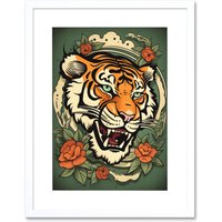 Artery8 Wall Art Print Floral Tiger Head Old School USA Tattoo Ink Body Rockabilly Americana 50s Artwork Framed 9X7 Inch in White | Size: W7" x H9"