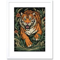 Artery8 Wall Art Print Tiger Emerging from Plants Tattoo Ink Body Art Rockabilly Americana 50s Artwork Framed 9X7 Inch in White | Size: W7" x H9"