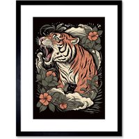 Artery8 Wall Art Print Roaring Tiger Old School USA Tattoo Ink Body Art Rockabilly Americana 50s Artwork Framed 9X7 Inch in Black | Size: W7" x H9"