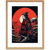 Artery8 Wall Art Print Samurai Red Circle Sun Landscape Rockabilly Americana 50s Artwork Framed 9X7 Inch in Beige | Size: W7" x H9"