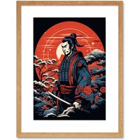 Artery8 Wall Art Print Samurai Master in Winter Sunset Landscape Rockabilly Americana 50s Artwork Framed 9X7 Inch in Beige | Size: W7" x H9"