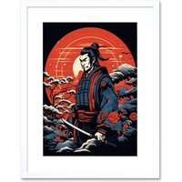 Artery8 Wall Art Print Samurai Master in Winter Sunset Landscape Rockabilly Americana 50s Artwork Framed 9X7 Inch in White | Size: W7" x H9"
