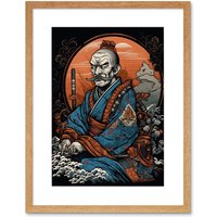 Artery8 Wall Art Print Samurai Master Old School USA Tattoo Ink Body Art Rockabilly Americana 50s Artwork Framed 9X7 Inch in Beige | Size: W7" x H9"