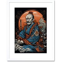 Artery8 Wall Art Print Samurai Master Old School USA Tattoo Ink Body Art Rockabilly Americana 50s Artwork Framed 9X7 Inch in White | Size: W7" x H9"