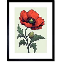 Artery8 Wall Art Print Anemone Flower Bloom Tattoo Ink Body Art Rockabilly Americana 50s Artwork Framed 9X7 Inch in Black | Size: W7" x H9"