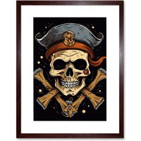 Artery8 Wall Art Print Skull Pirate Hat Old School USA Tattoo Ink Body Rockabilly Americana 50s Artwork Framed 9X7 Inch in Brown | Size: W7" x H9"