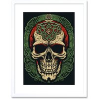 Artery8 Wall Art Print Celtic Design Skull Old School USA Tattoo Ink Body Rockabilly Americana 50s Artwork Framed 9X7 Inch in White | Size: W7" x H9"