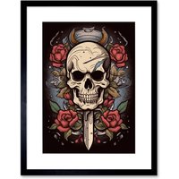 Artery8 Wall Art Print Skull Dagger & Roses Tattoo Ink Body Art Rockabilly Americana 50s Artwork Framed 9X7 Inch in Black | Size: W7" x H9"