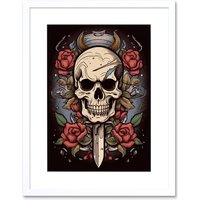 Artery8 Wall Art Print Skull Dagger & Roses Tattoo Ink Body Art Rockabilly Americana 50s Artwork Framed 9X7 Inch in White | Size: W7" x H9"