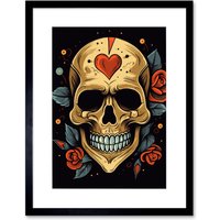 Artery8 Wall Art Print Skull Heart & Roses Tattoo Ink Body Art Rockabilly Americana 50s Artwork Framed 9X7 Inch in Black | Size: W7" x H9"