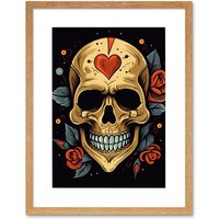 Artery8 Wall Art Print Skull Heart & Roses Tattoo Ink Body Art Rockabilly Americana 50s Artwork Framed 9X7 Inch in Beige | Size: W7" x H9"