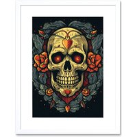 Artery8 Wall Art Print Skull Roses & Heart Tattoo Ink Body Art Rockabilly Americana 50s Artwork Framed 9X7 Inch in White | Size: W7" x H9"