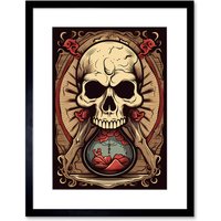 Artery8 Wall Art Print Hourglass Skull Old School USA Tattoo Ink Body Rockabilly Americana 50s Artwork Framed 9X7 Inch in Black | Size: W7" x H9"