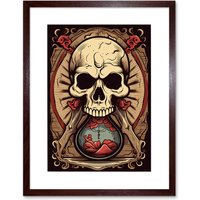 Artery8 Wall Art Print Hourglass Skull Old School USA Tattoo Ink Body Rockabilly Americana 50s Artwork Framed 9X7 Inch in Brown | Size: W7" x H9"
