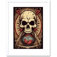 Artery8 Wall Art Print Hourglass Skull Old School USA Tattoo Ink Body Rockabilly Americana 50s Artwork Framed 9X7 Inch in White | Size: W7" x H9"